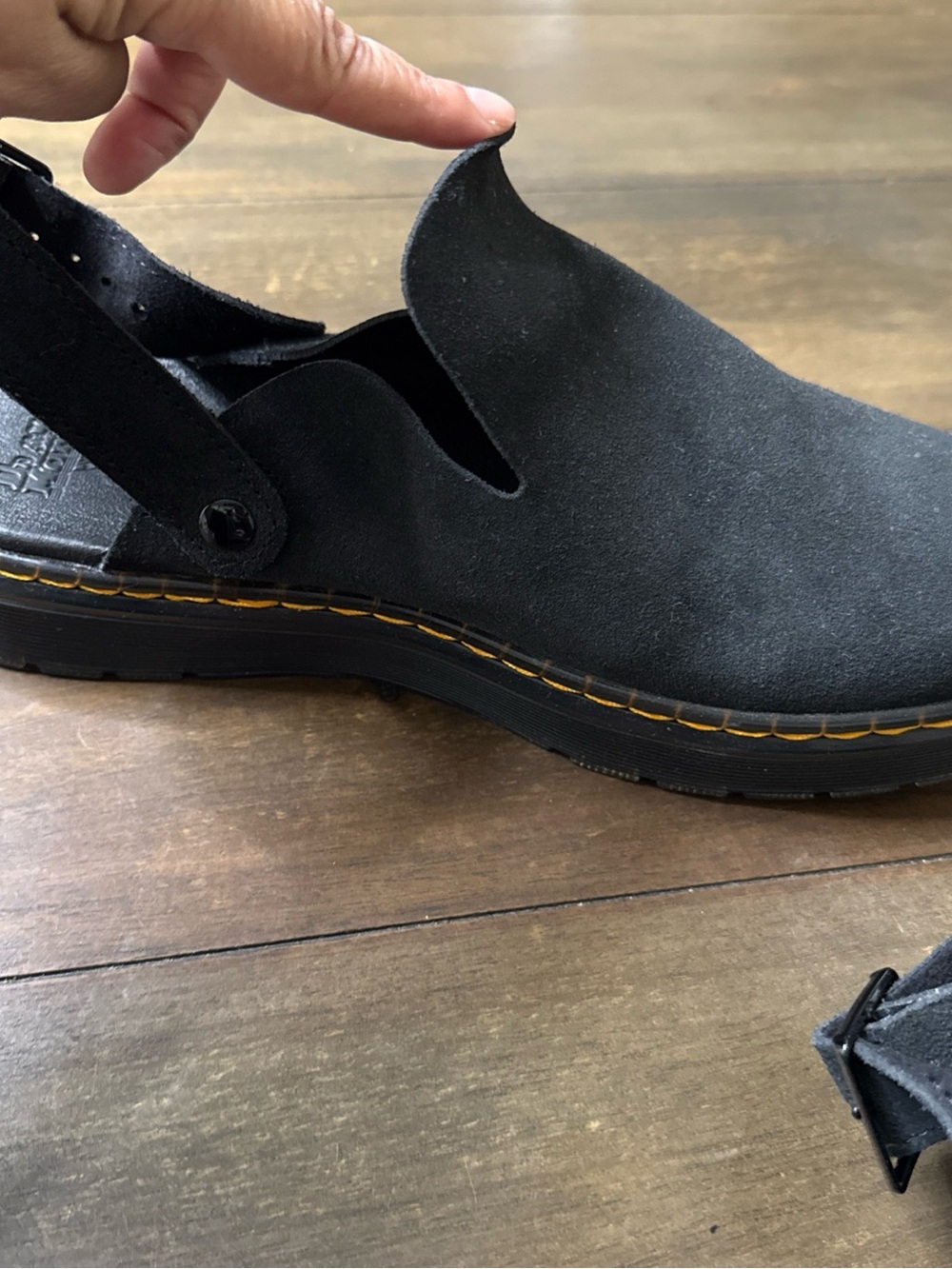 Dr. Martens Black Suede Slingback Sandal with Yellow Stitching